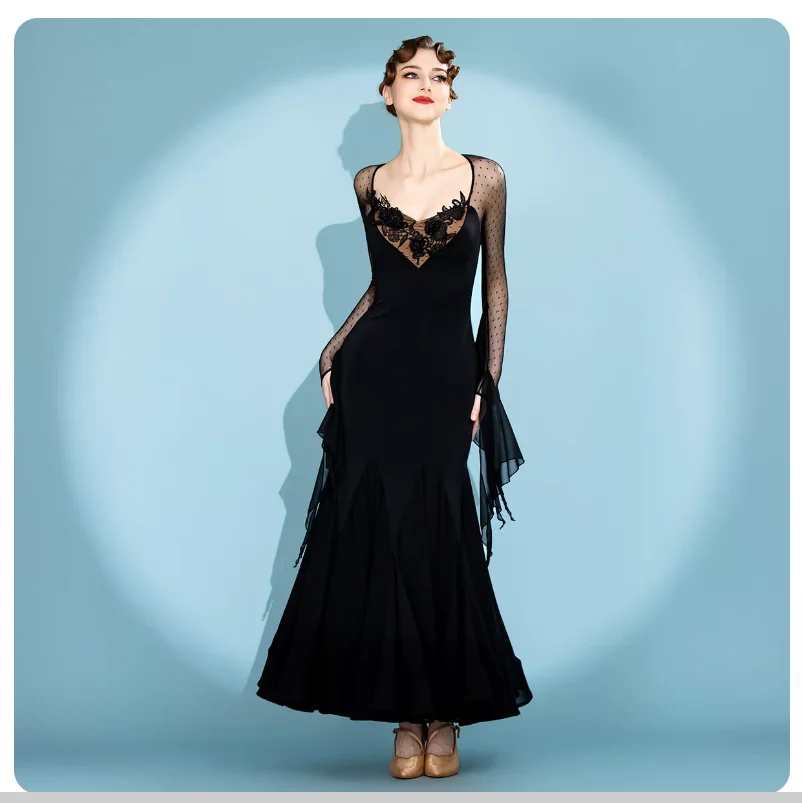 Light luxury sexy perspective ballroom dance performance practice skirt modern dance dress