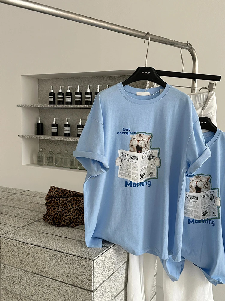 Loose American Sle  Newspaper Print Summer T-irt Women's Faion Casual round Ne ort Sve Top Dongda Gate 2025