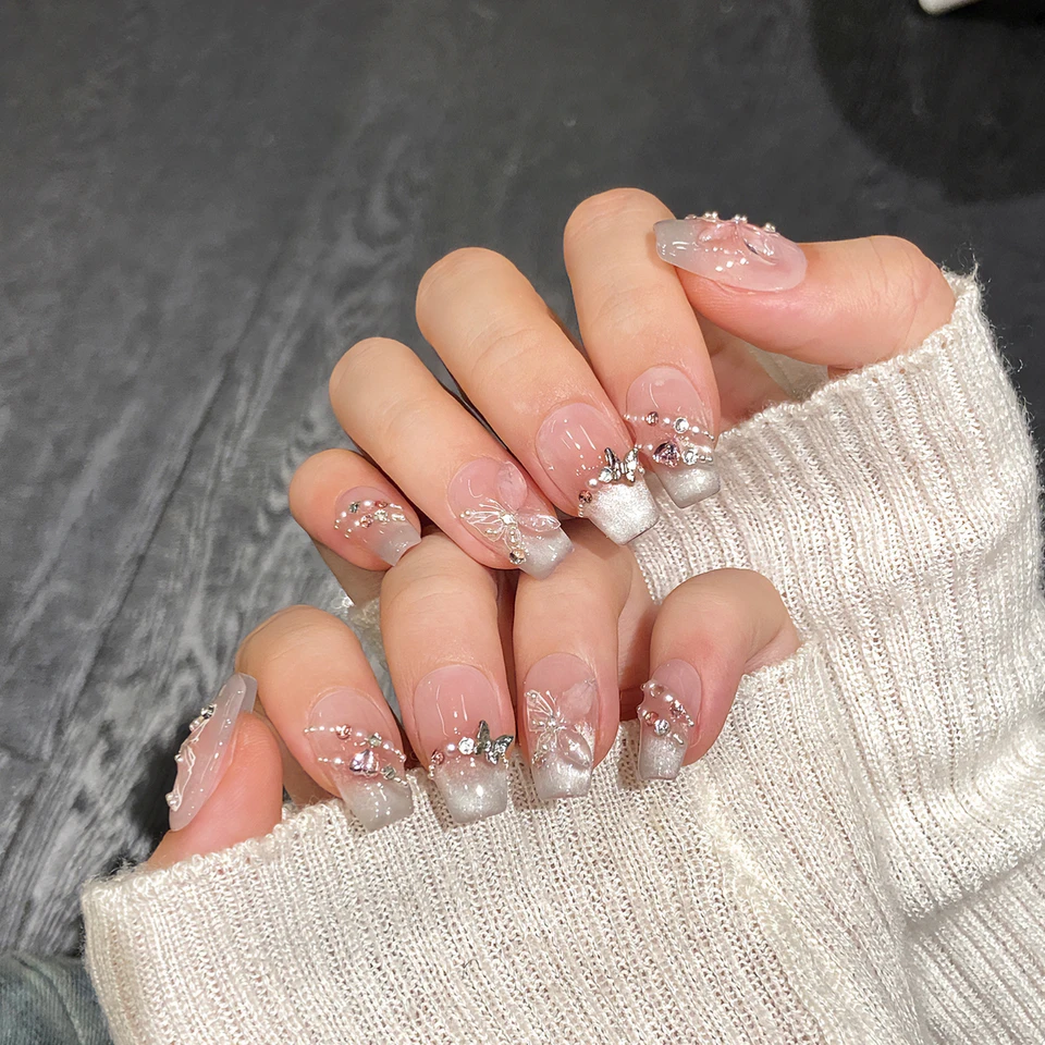 10 uñas press-on hechas a mano, rosadas con mariposa, francesas, ojo de gato, brillantes, coreanas 2