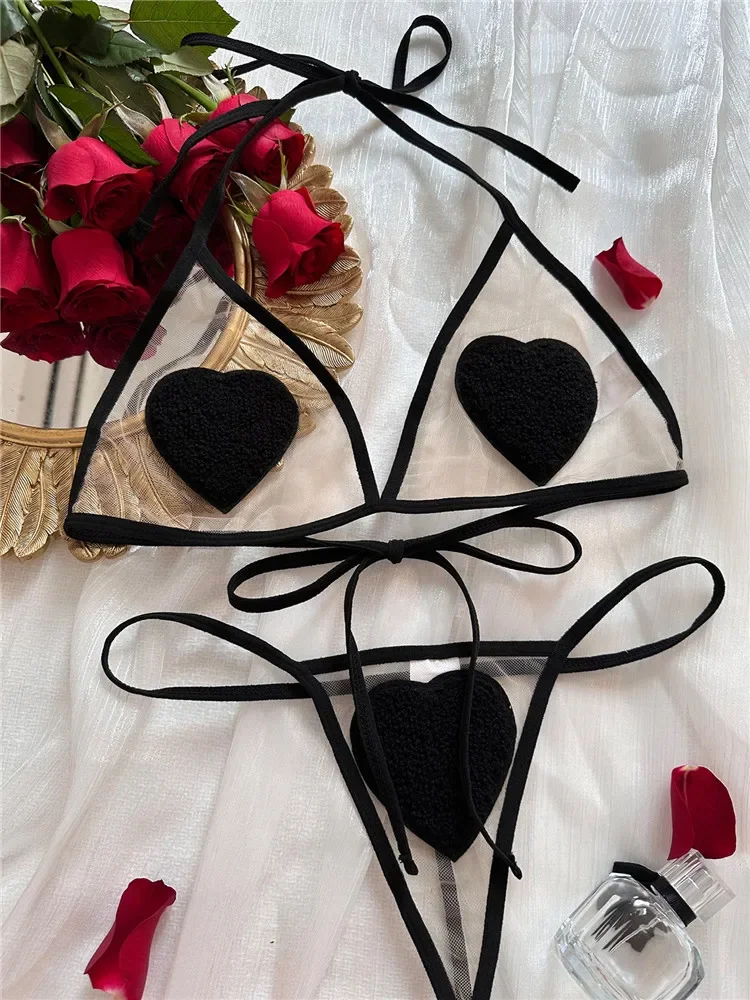 

Sexy Bra Thong Sets for Women Heart-Shaped Transparent Halter Lingerie Mesh Lace Fairy Underwear Sensual See Through Exotic Sets