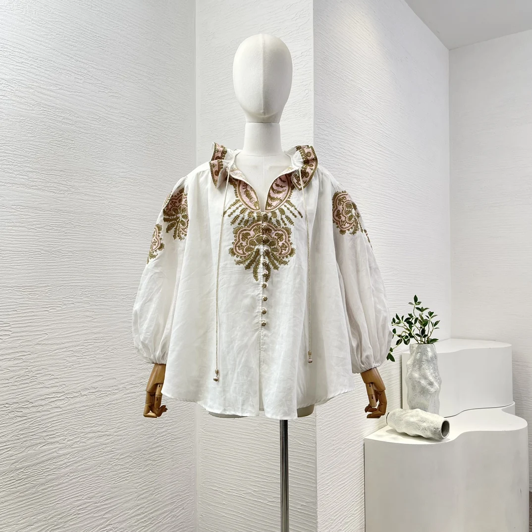 

2025 Women's Fashion New in Matching Sets White Embroidery Floral Long Sleeve Ruffles Blouse Top