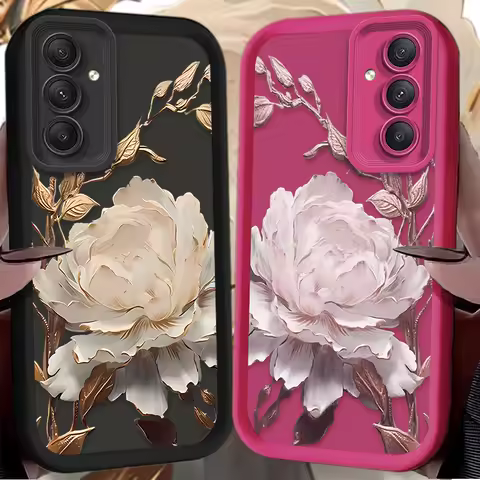 Fashion Metal Lotus Phone Case for Samsung Galaxy A35 A55 A15 A25 A16 A06 A05 A05S A24 A13 A23 A12 A22 A32 A52 A71 A51 4G Cover