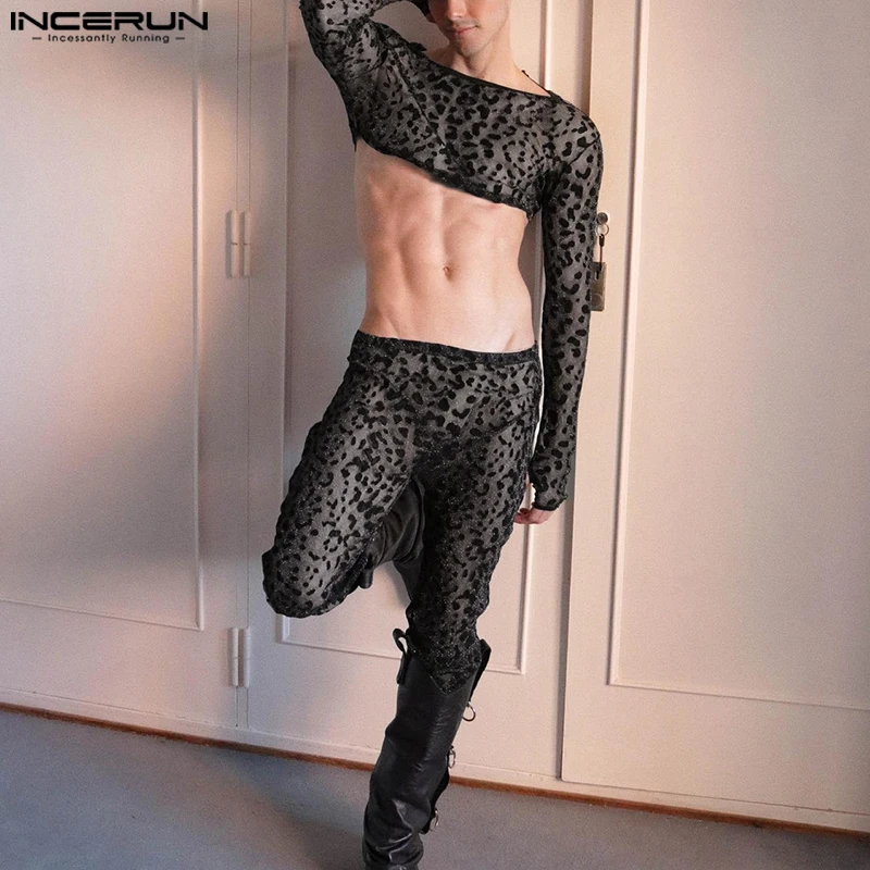 

INCERUN Leopard Printing Two Piece Suits Men Flash Well Fitting Outfits O-Neck Tops Elastic Waist Pant Sets See Through 2pc Sets