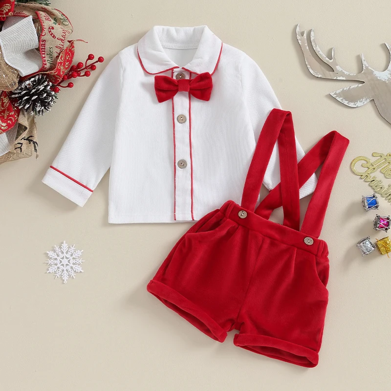 

Toddler Boy Christmas Gentleman Set Long Sleeve Button Shirt + Suspender Shorts Santa Claus Outfits 6 Months-5 Years