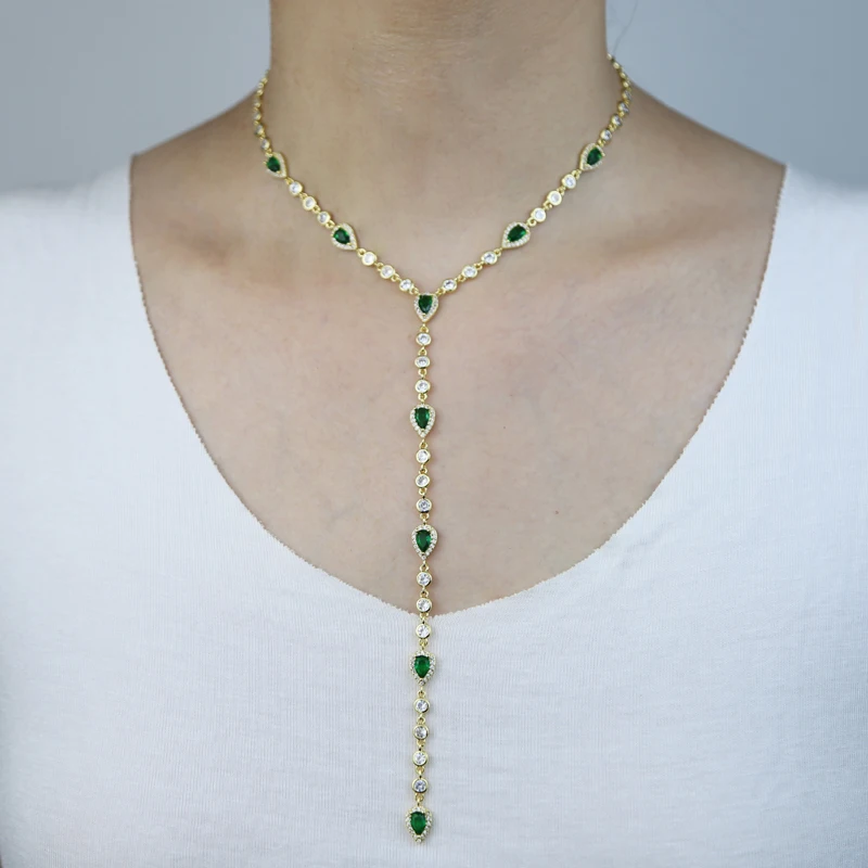 

Summer New Colorful Women Jewelry Gold Plated Red Blue Green White Tear Drop Round CZ Link Chain Sexy Y Lariat Long Necklace