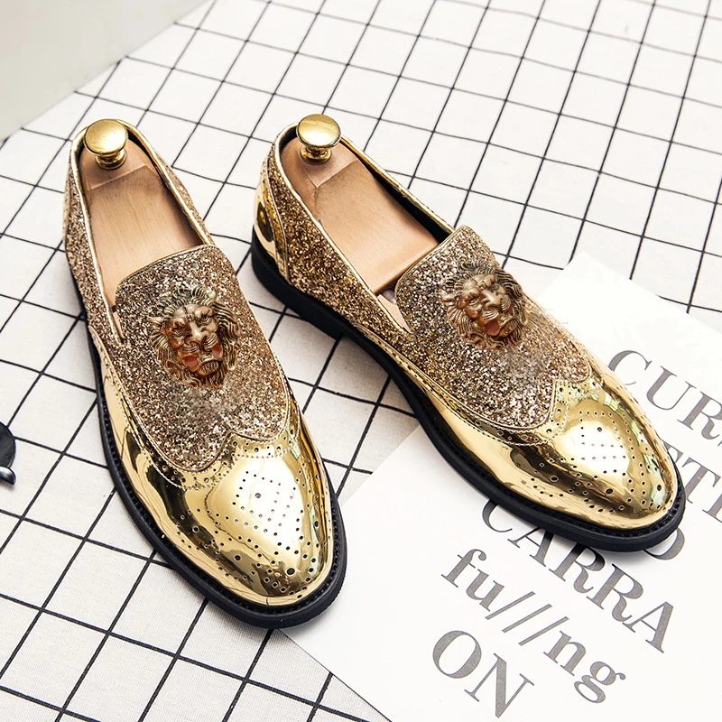 Luxury dress shoes Gold Bright Skin Sequins Plus Size 47 Slipper Slackers Party Wedding Shoes A1