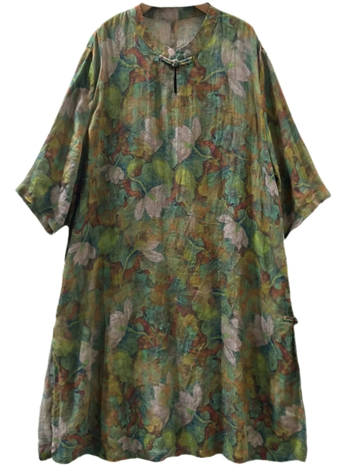 Stampa retrò in cotone e lino irt Dr con colletto alla coreana con bottoni Vita ampia Gonna lunga a trapezio estiva Sve Five Sve Dr