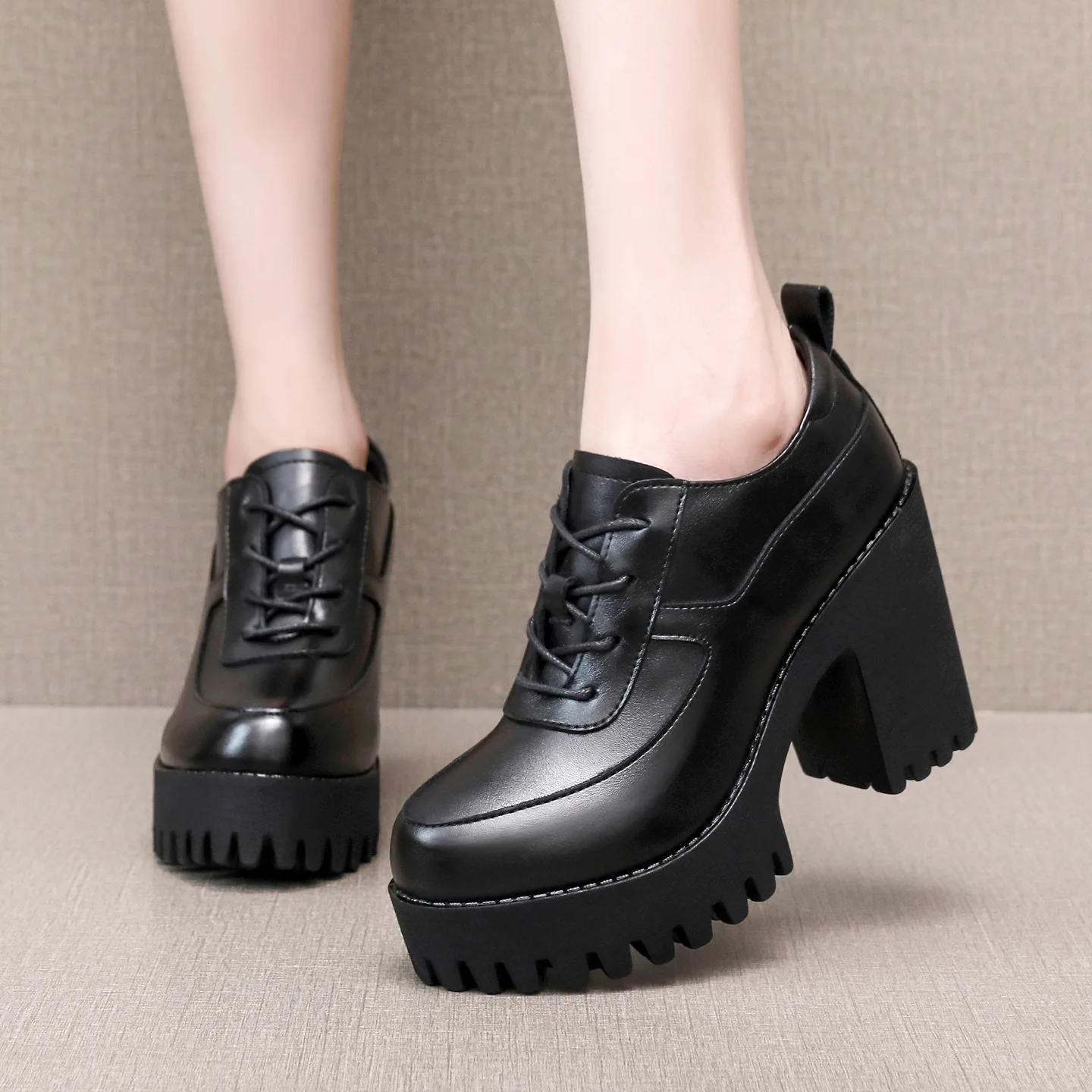 

8cm 10cm Elegant Women's Shoes Deep Mouth Soft Leather Oxfords Platform 2025 Autumn Block High Heels Shoes Dress Office Model
