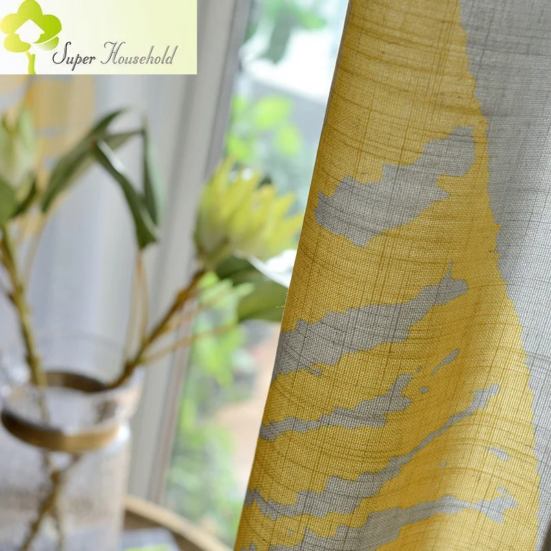 American Country Style Plantain Leaves Curtains For Living Room Window Tulle Grey Semi-shade Curtain Bedroom White Yellow Fabric