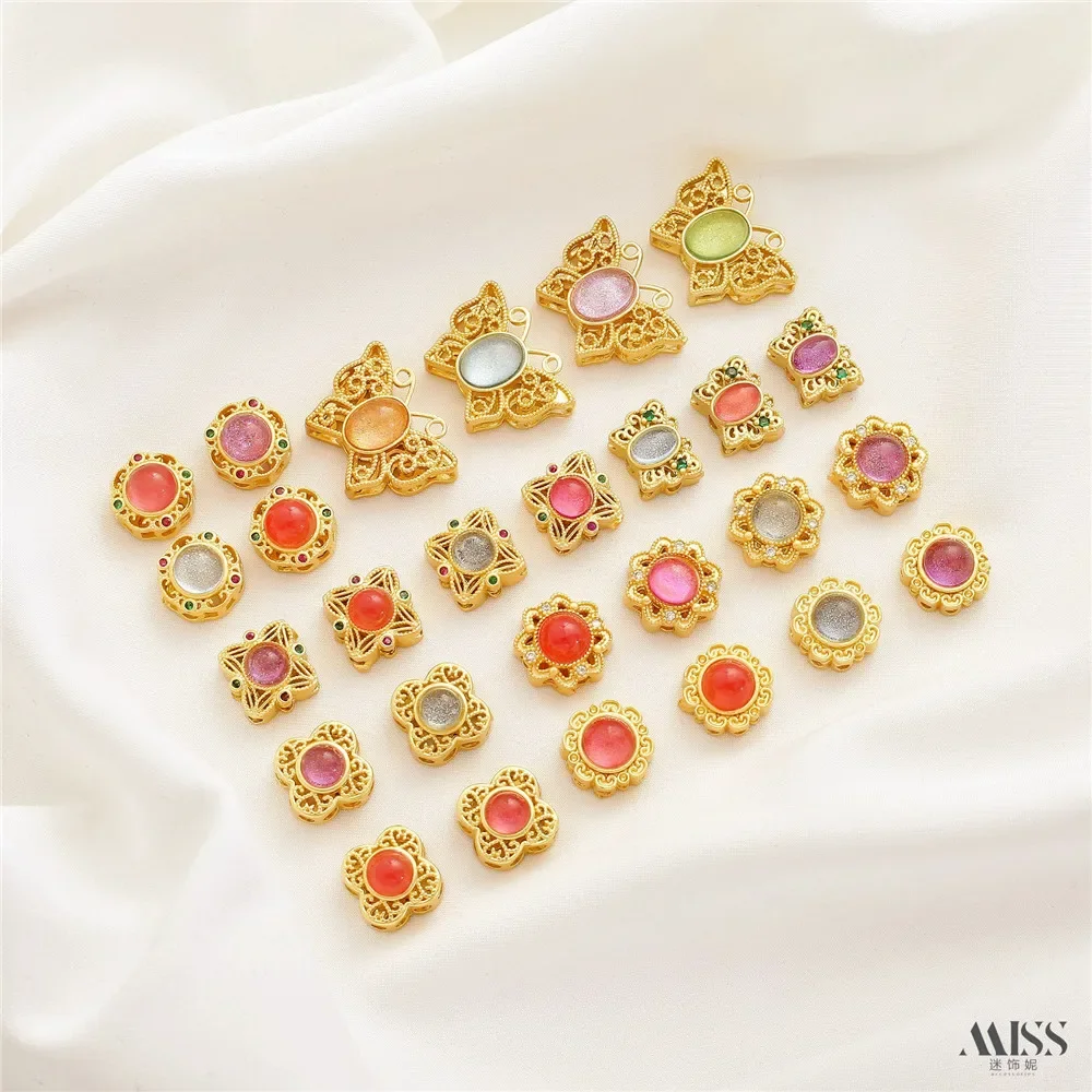Matte Gold Inlaid Round Aquamarine Tourmaline Strawberry Crystal Red Pattern Stone Fancy Hollow Bead Diy Loose Bead Accessories