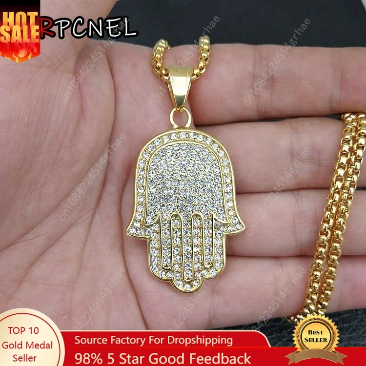 

HIP hop Punk Gold color 316L Stainless Steel Fatima Palm Hamsa Amulet with zircon Pendant Necklaces for Men Women Prayer jewelry