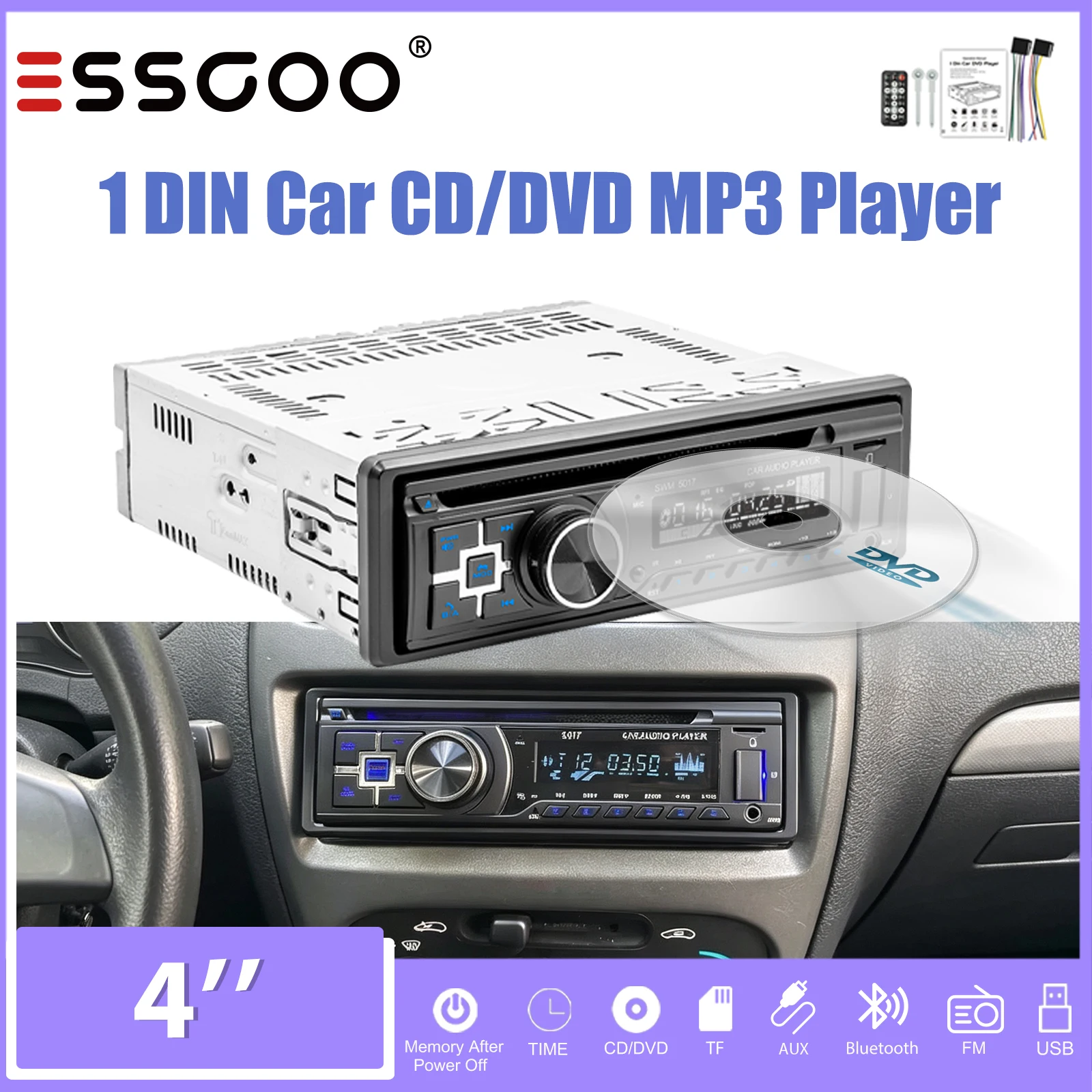 ESSGOO 4" 1-DIN DVD CD Odtwarzacz MP3 Samochodowe Radio Stereo FM USB AUX Bluetooth 4.0 Jednostka Główna Karta Zestaw Głośnomówiący