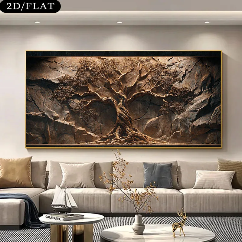 

2D Flat Large Frameless Modern Brown Tree Canvas Wall Art - Frameless Abstract Neutral Canvas Artwork for Living Room Decortions