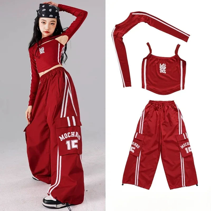 

Stage Performance Modern Dancing Clothes Sets Teenagers Jazz Stage Outfit Girls Hip Hop Street Dance Costume RedVest Loose Pants