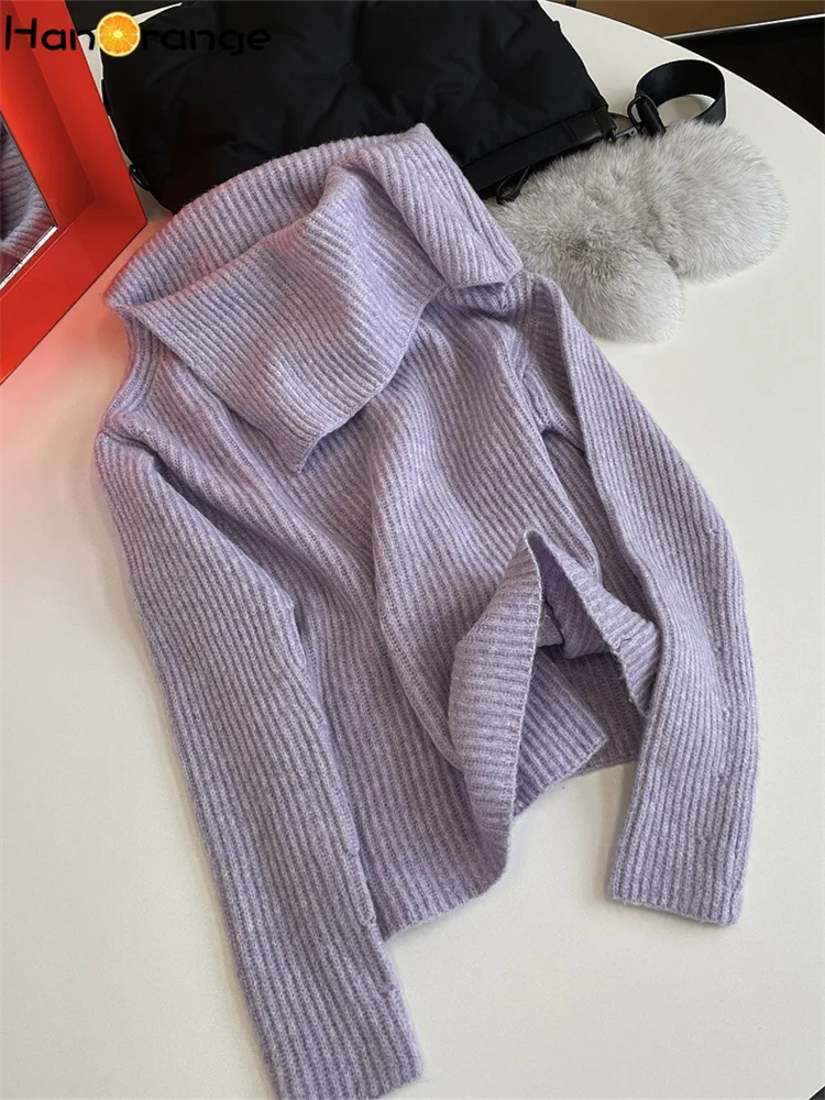 HanOrange 2024 Winter Gentle Sexy Big Collar Sweater Women Loose Soft Warm Knitting Top Light Purple/Light Foggy Gray