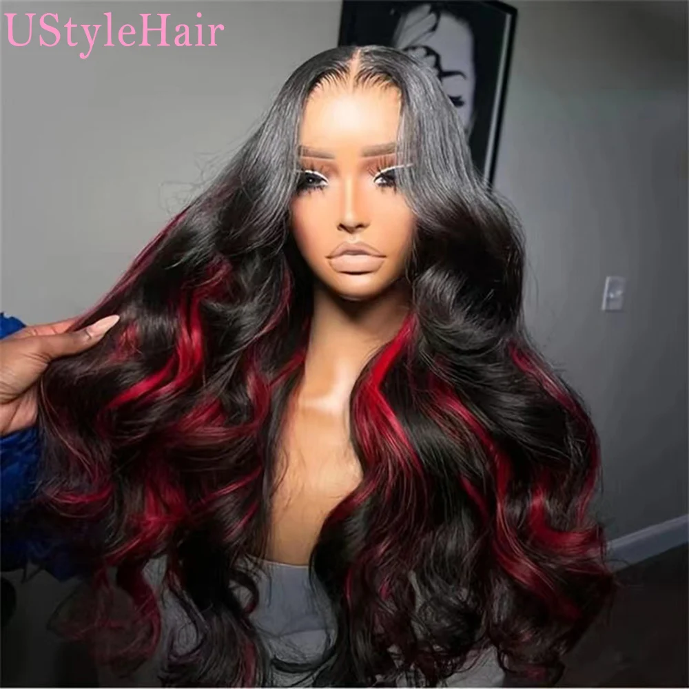 UStyleHair Black Body Wave Wig with Pink Highlights Heat Resistant Synthetic Lace Front Wig Daily Use Natural Hairline Frontal