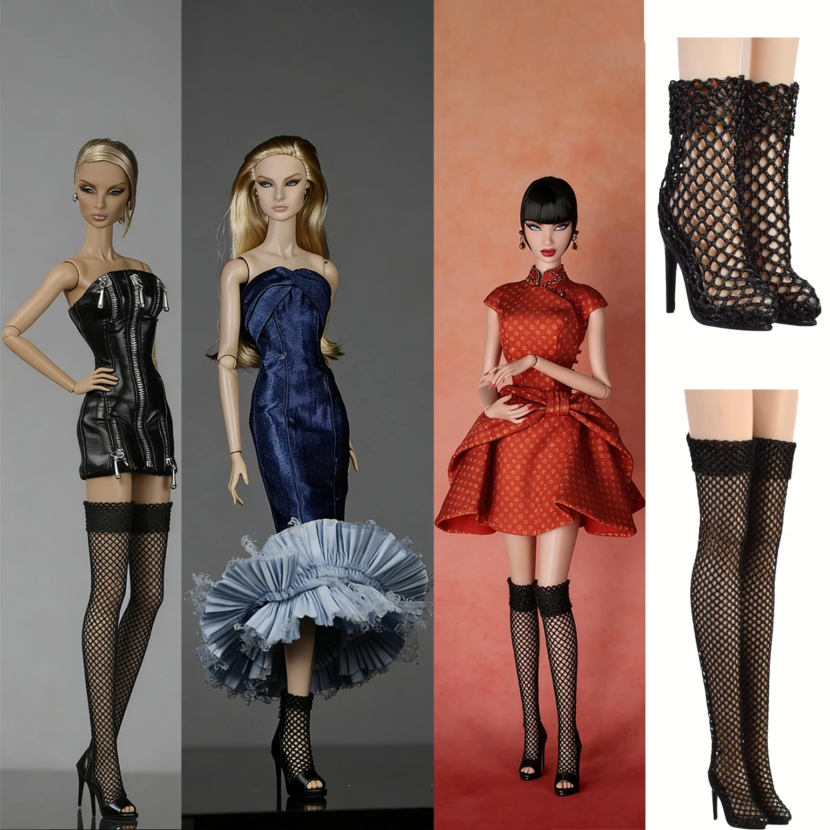 

1/6 Supermodel Doll Shoes Parts Fashion Sexy Fishnet Mid-calf Boots Senior Sense High Heels For FR2 NU.FAC Parker Xianxian