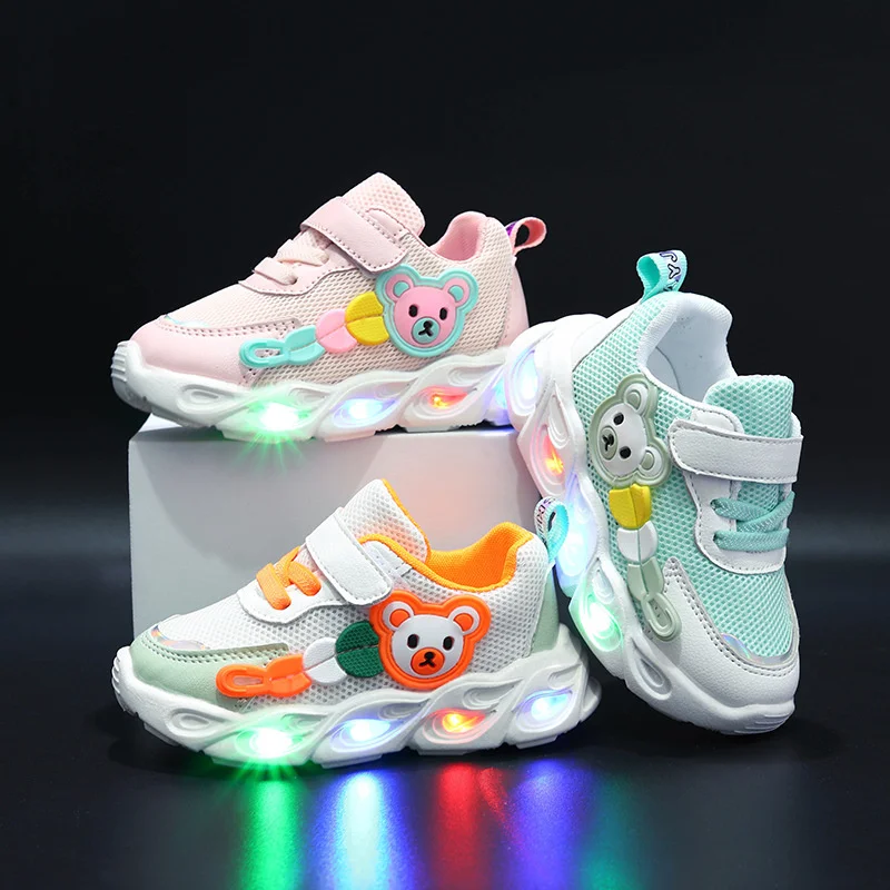 2023 Summer Children\'s Single Mesh Shoes Baby Soft Sole Walking Shoes LED Illuminated Hollow Breathable Board Shoes