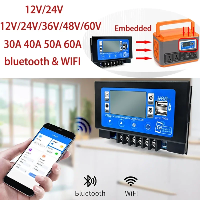 

12V 24V 36V 48V 60V Auto bluetooth Wifi Solar Charge Controller Embedded Snap-on Dual USB MPPT For Lithium Lead Acid Battery