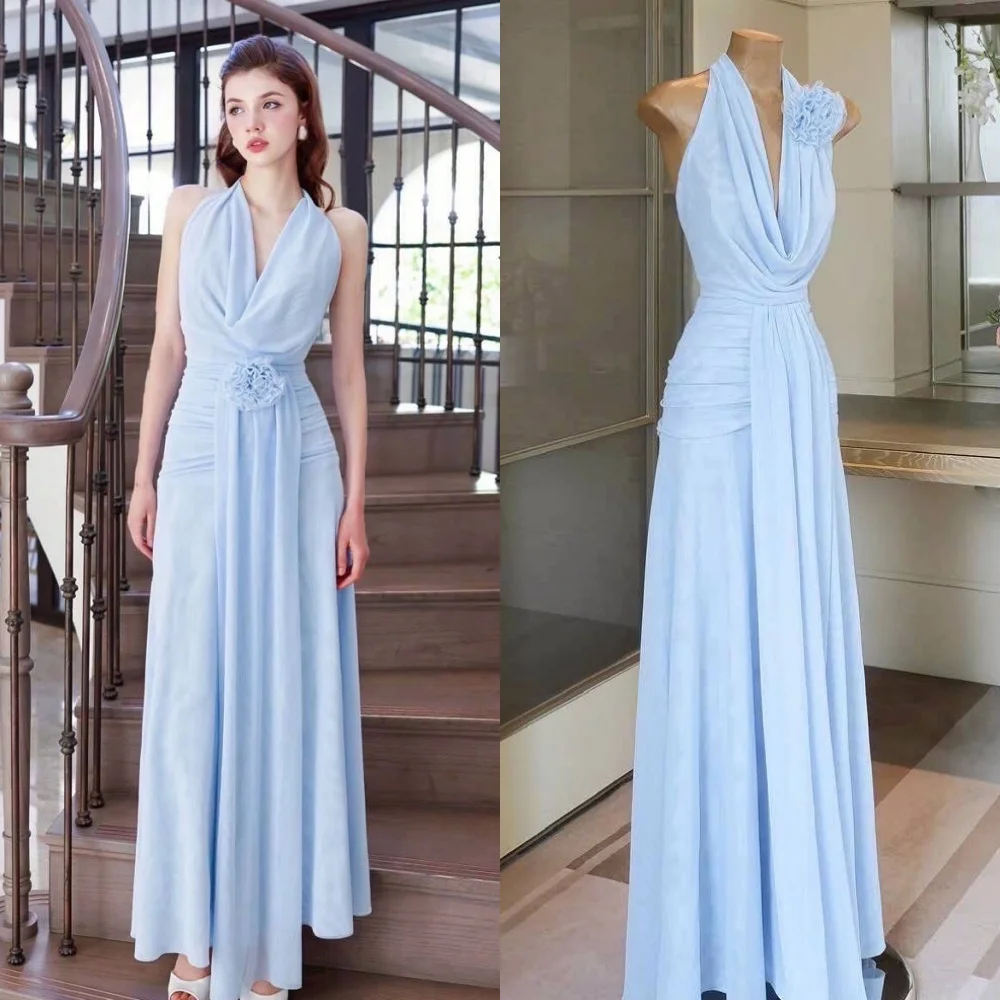 

Customized Modern Style Elegant Chiffon Draped Handmade Flower Straight Halter Ankle Length Dresses Bespoke Occasion Dresses