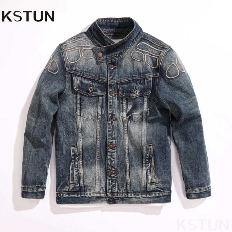 

KSTUN Men's Retro Motorcycle Jacket Hip-Hop Streetwear Denim Coat Casual Loose Fit Vintage Biker Outerwear Trendy Men Clothing