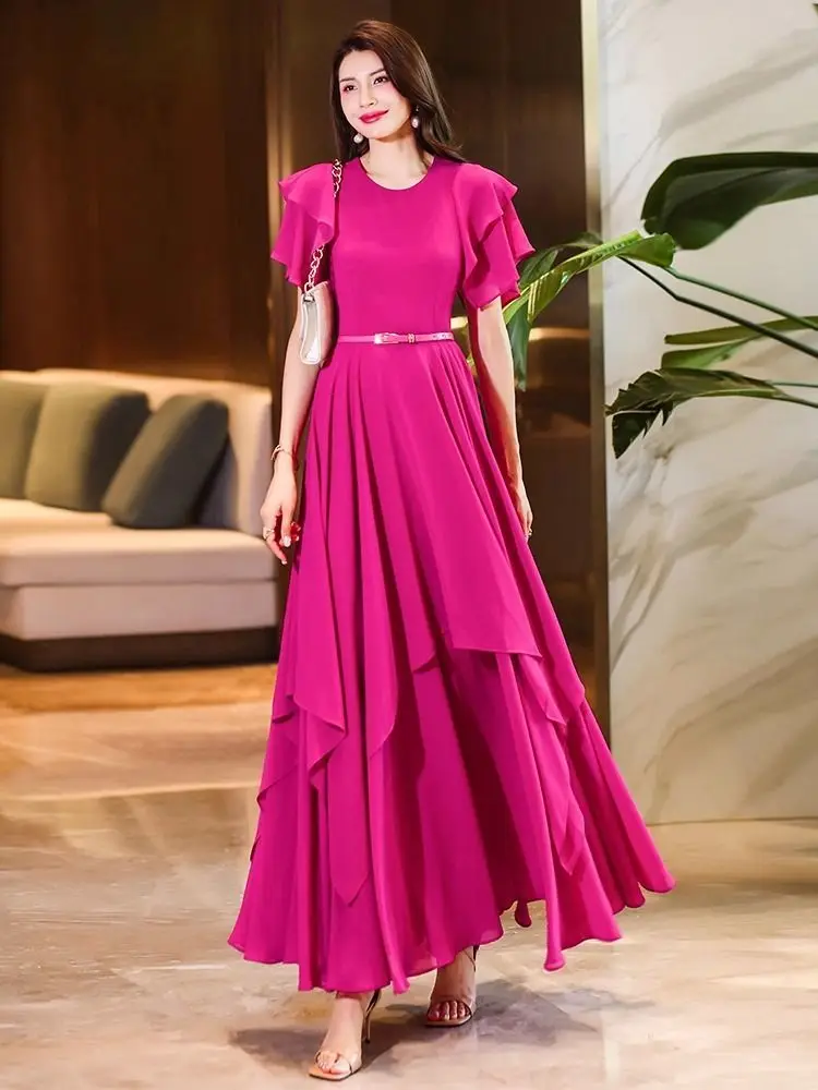Women Elegant Slim Dress Classic Round Collar  Short Sleeve Pockets Belt Waist Dress Spring Summer Daily Outing Streetwear S912
