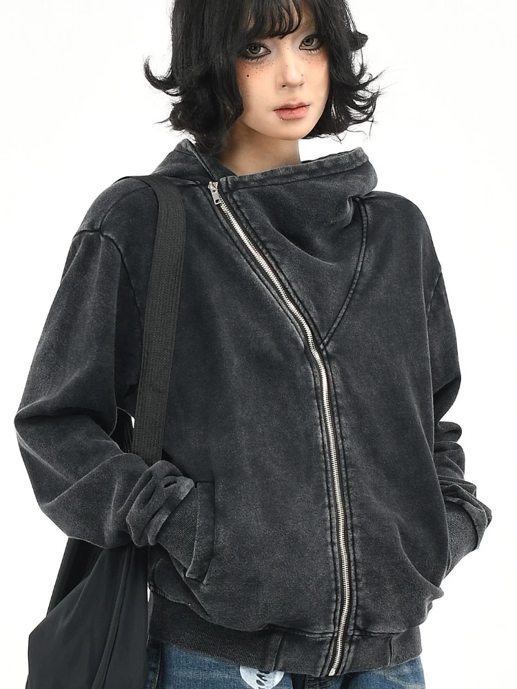 Cappotto da donna estetico vintage Y2k con cerniera Tasche in puro colore Felpa con cappuccio High Street Chic Asimmetrico Capispalla femminile Autunno Inverno