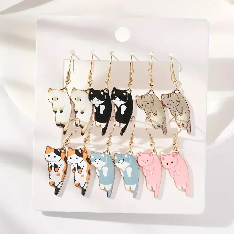 

6Pairs Fashion Zinc Alloy Cat Dangle Earrings Colorful Animal Drop Earrings for Women Birthday Party Holiday Prom Jewelry Gift