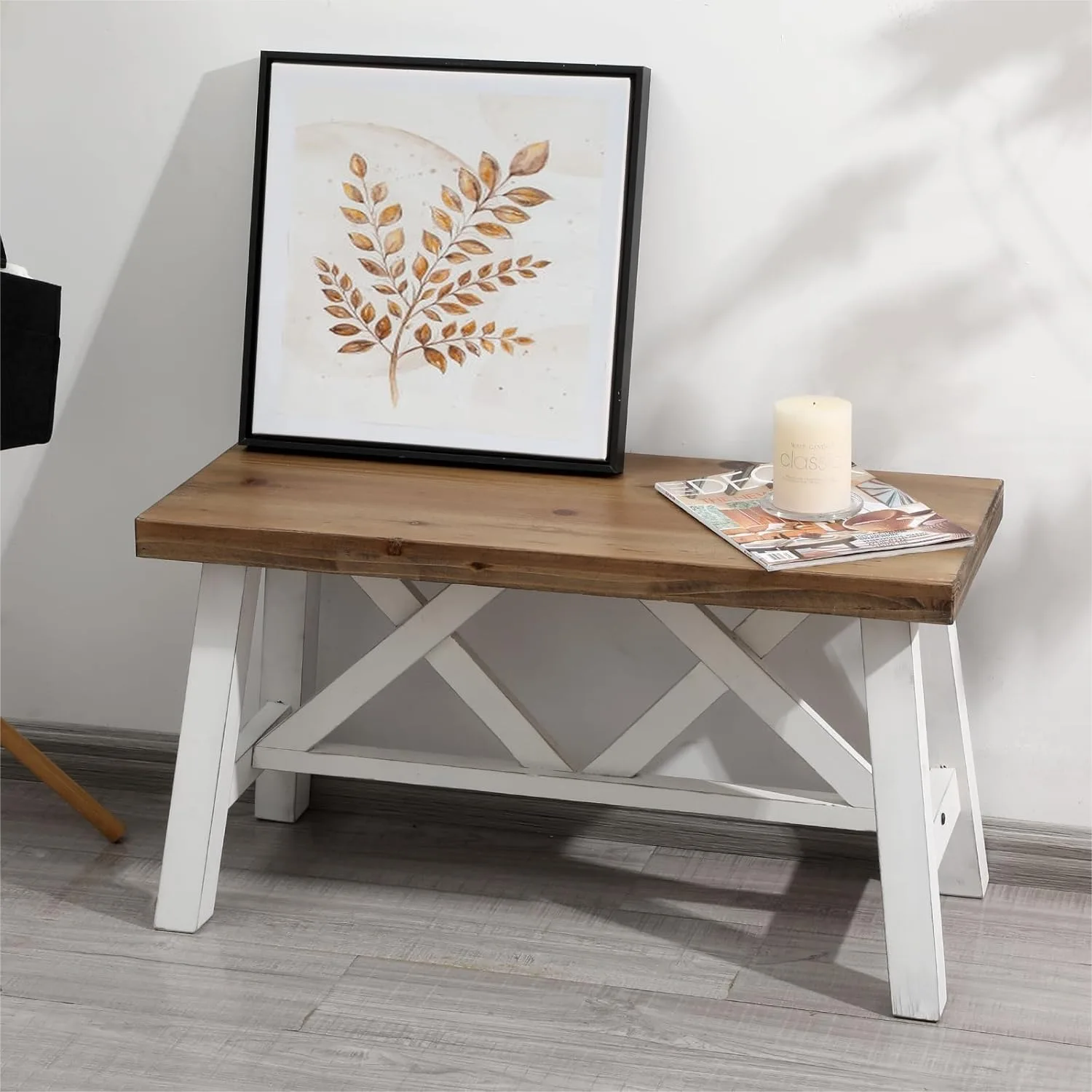 

Farmhouse Wood Bench 30" Solid Wood Entryway Seat with Double X-Structure for Dining Room, Living Room, Hallway, Rustic White