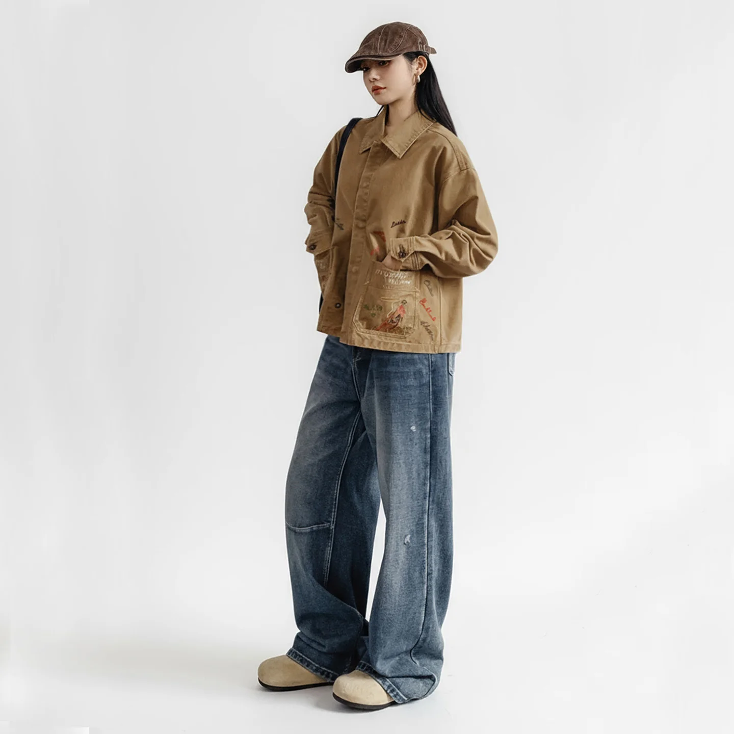 Maden Women's Vintage Cotton Barn Jacket Lapel Collar Washed Casual Embroidery Outerwear Khaki Workwear TOPs For Spring Fall