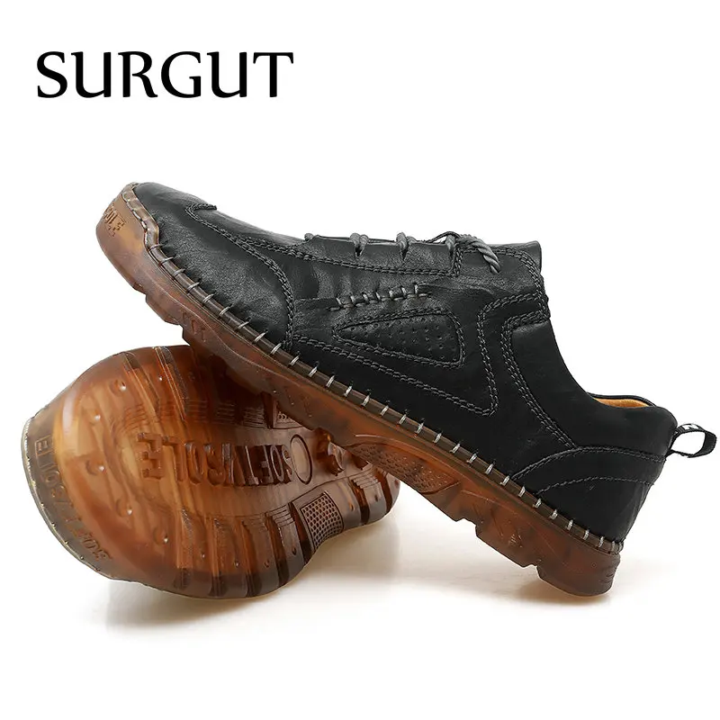 SURGUT Handmade Genuine Leather Casual Shoes Lace Up Outdoor Wear-resistant Men Shoes Trend Business Walking Shoes Soft Sneakers