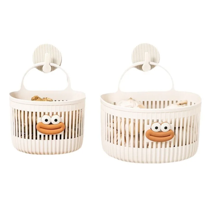 1Pc Multifunctional Punch Free Wall Mount Storage Basket Cute Hanging Organizer For Kitchen Bathroom Toilet Small Item Storage