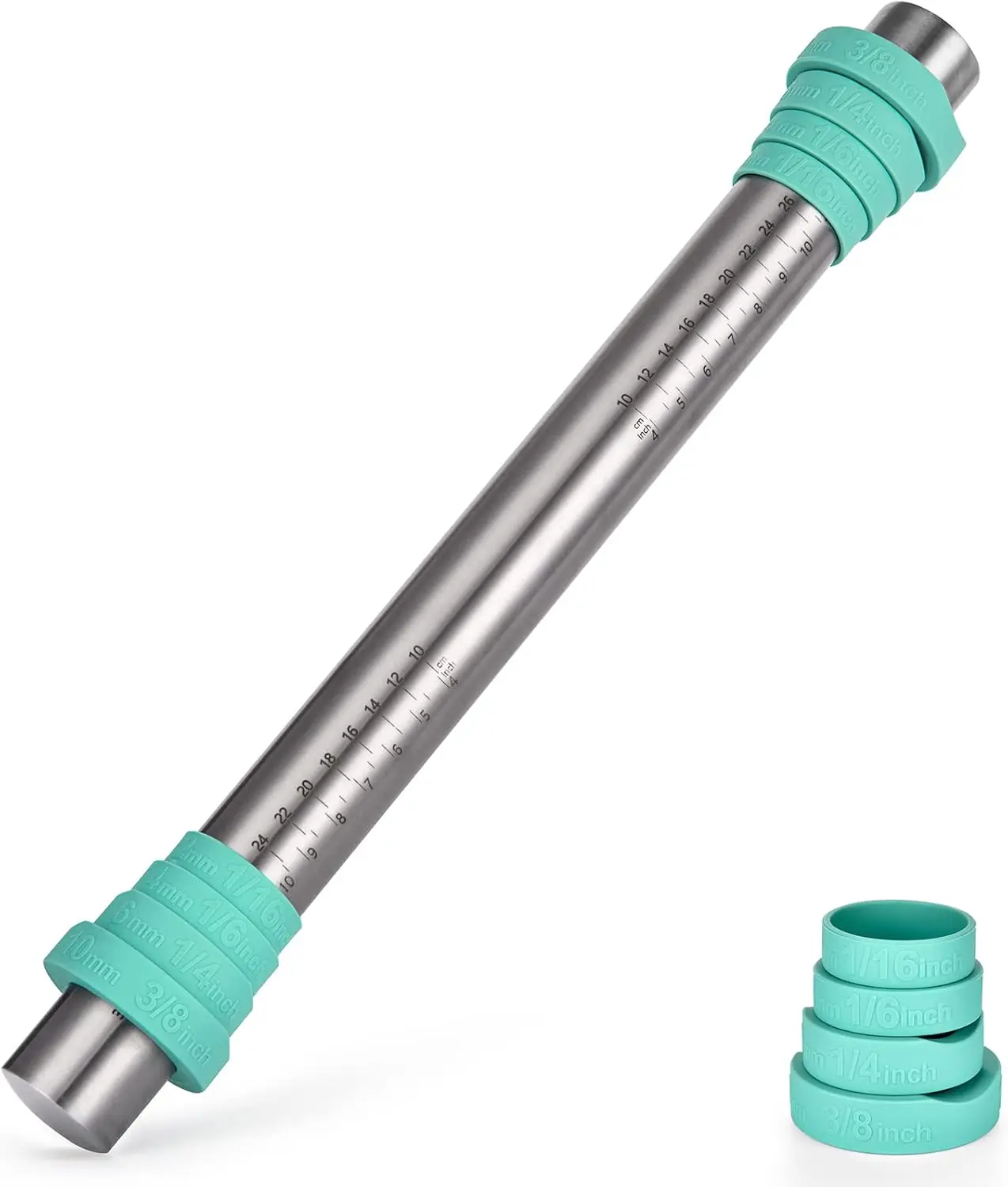 

18/8 Stainless Steel 16 inch Adjustable Rolling Pin with Silicone Removable Thickness Rings for Baking Cookies Pastry Pizza