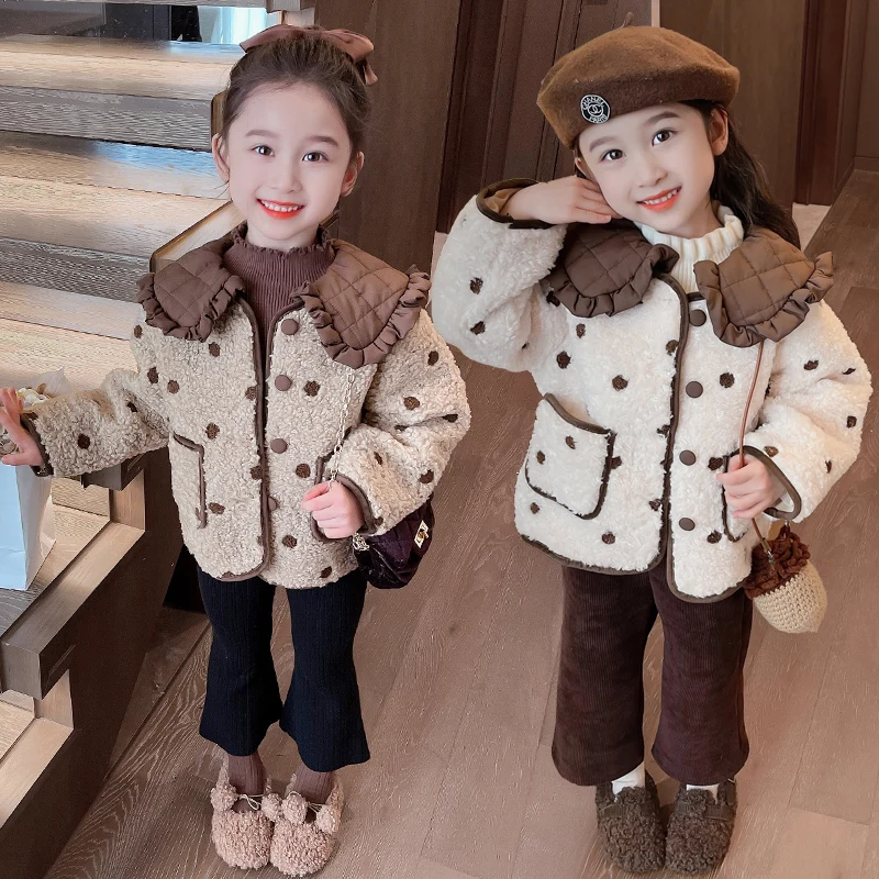 

Girls Parkas Winter Polka Dot Woolen Jacket Children's Girl Lace Lapel Coat Kids Sweet Clothing Warm Outerwear 2-8 Years TR378