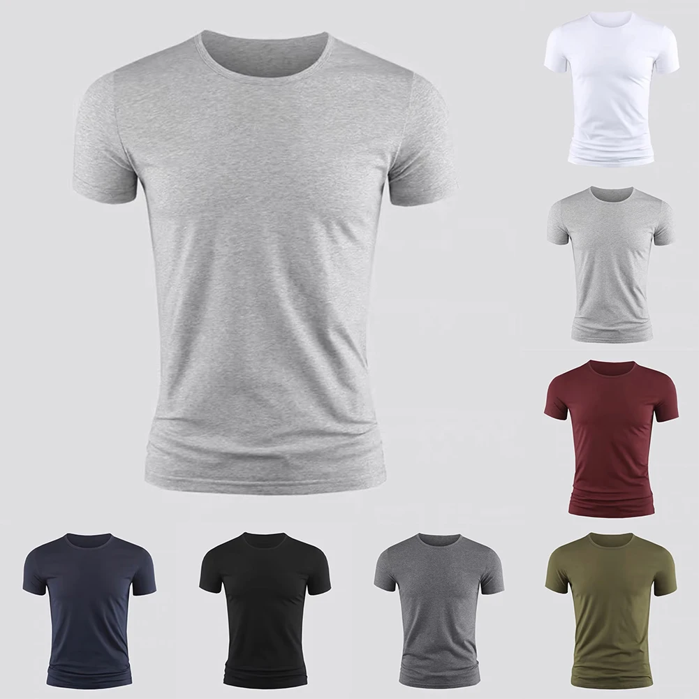 Men\'s Basic T-shirt Solid Color Short Sleeve Tee Summer Plain Casual Gym Muscle Crew Neck Slim Fit Tops T Shirts Male Clothing