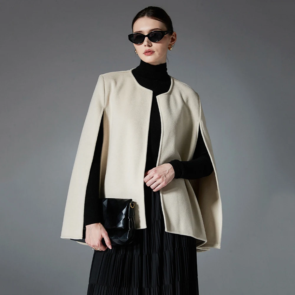 

Французская элегантная двусторонняя шерстяная накидка-накидка, стильное дизайнерское офисное женское осенне-зимнее пальто, праздничное платье, пончо без рукавов