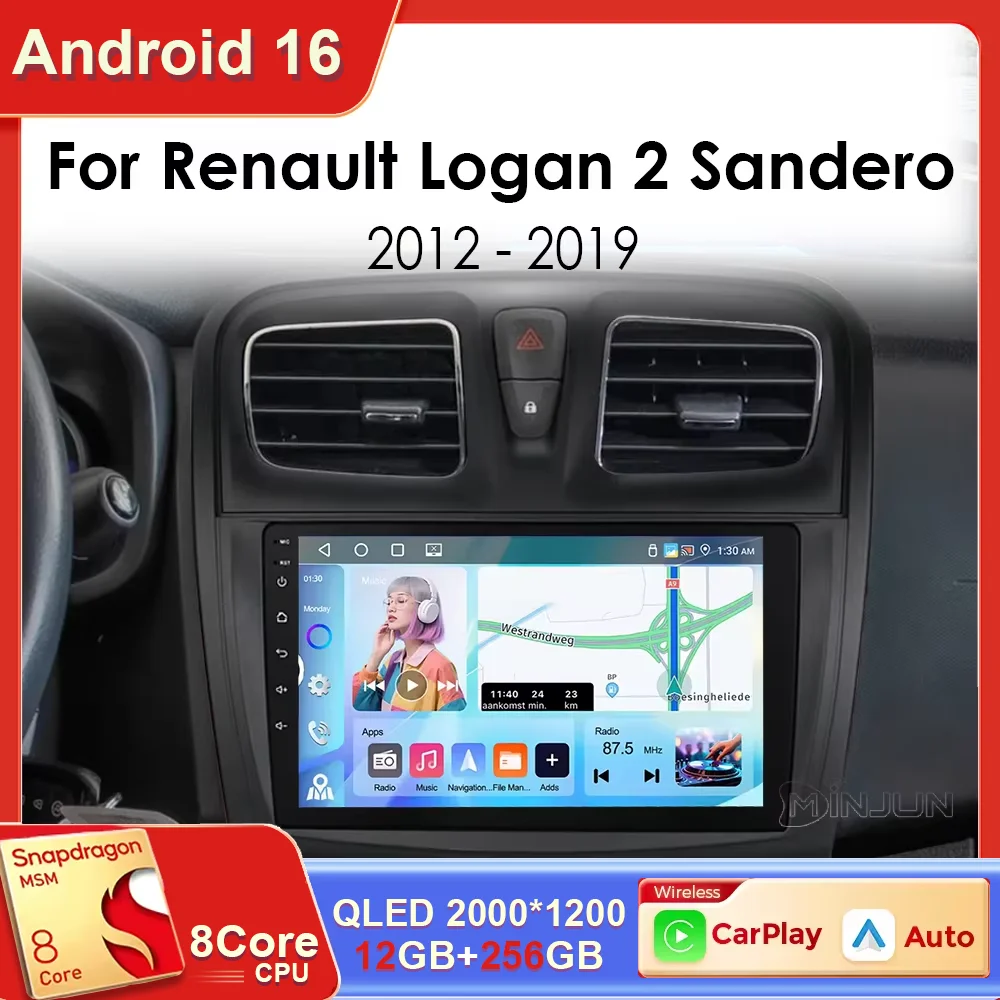 Radio para Auto Android 16 con Carplay Inalámbrico y Android Auto, Reproductor Multimedia para Renault Logan 2 Sandero 2014 2015 2016 2017 2018 2019