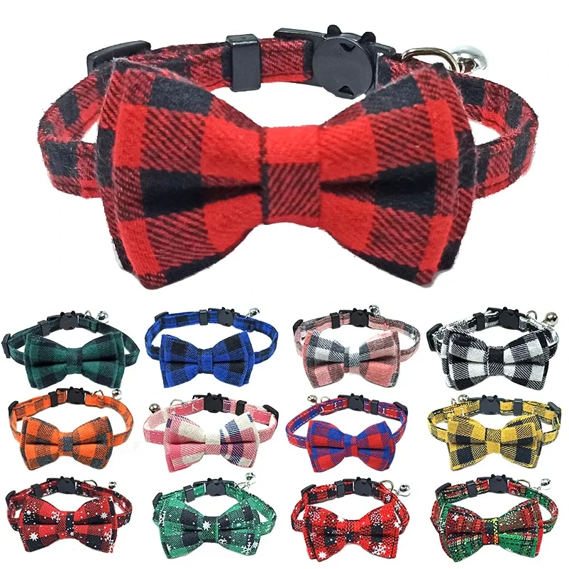 

Pet Breakaway Cat Collar Bow Tie and Bell Cute Plaid Christmas Red Elastic Adjustable Dog Collar With Sash Small Bell For Cats