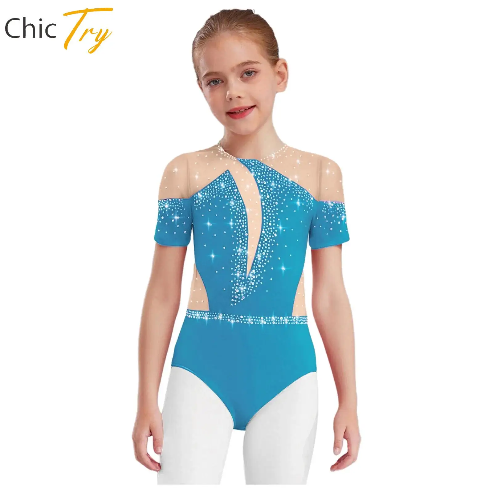 

Girls Short Sleeve Ballet Leotards Dance Costumes One Piece Unitard Rhinestones Mesh Gymnastics Performance Bodysuits Dance Wear