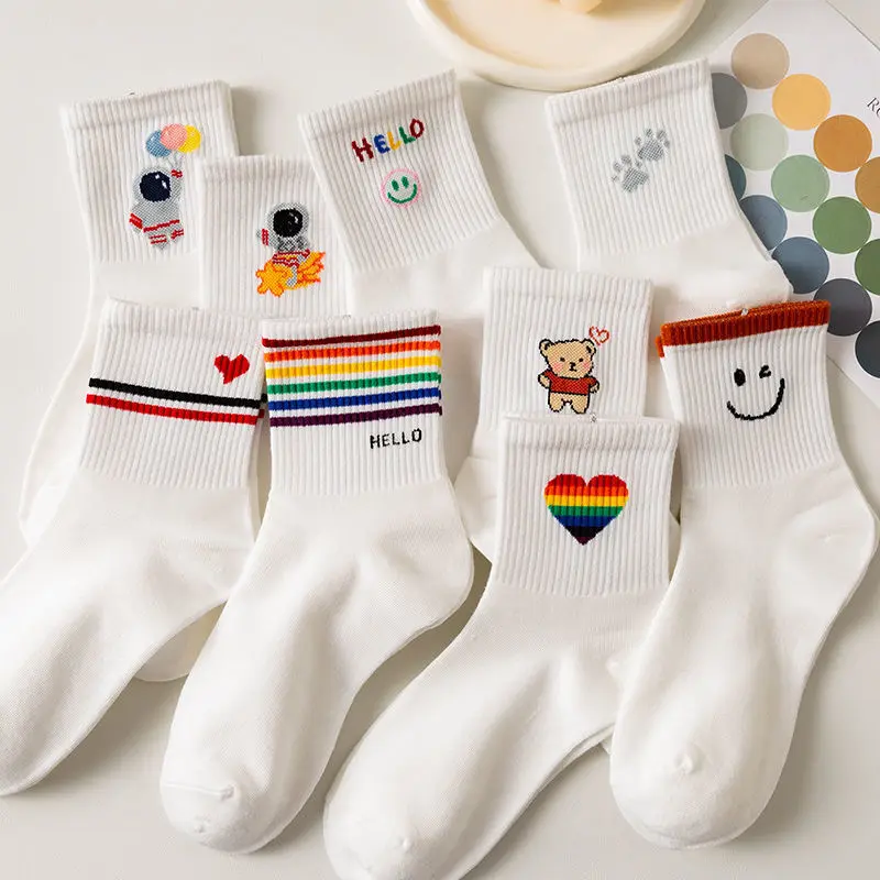 10 Pairs of Summer Women\'s Socks Cute Japanese Student Cartoon Printed White Short Socks