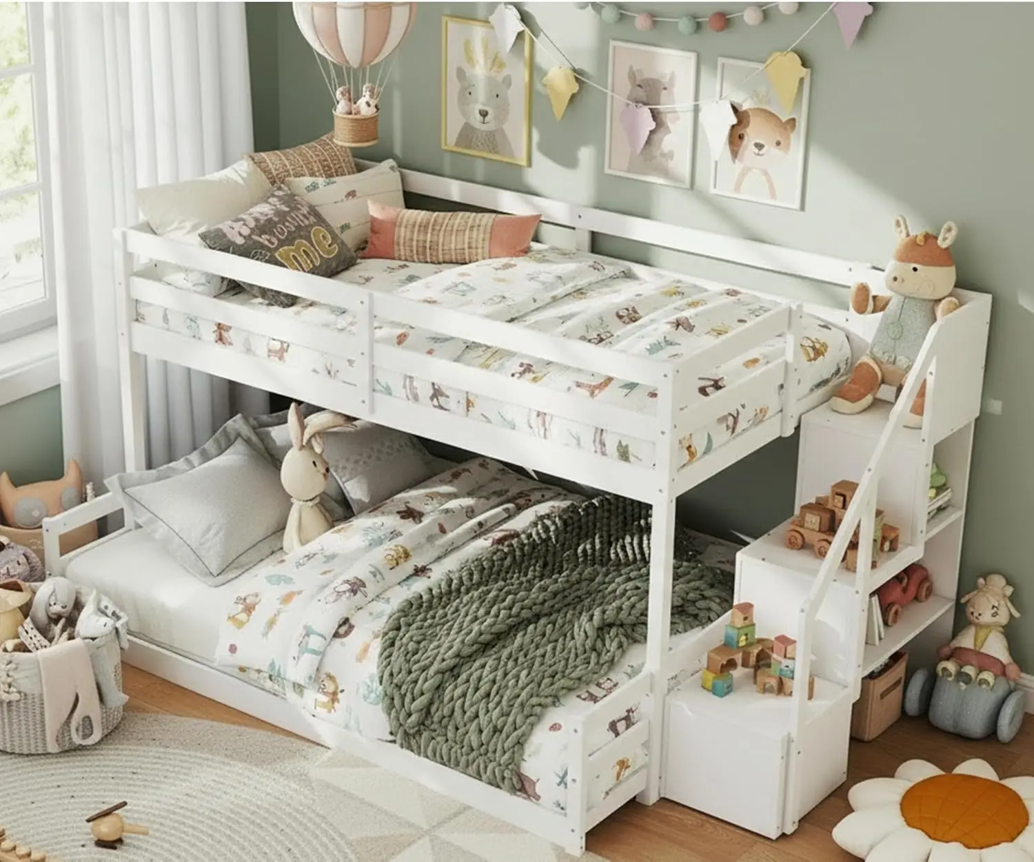 Wood Twin Over Full Bunk Bed with Storage Staircase & Guardrails, Low Kids Bed with Slats Support No Box Spring, Customized