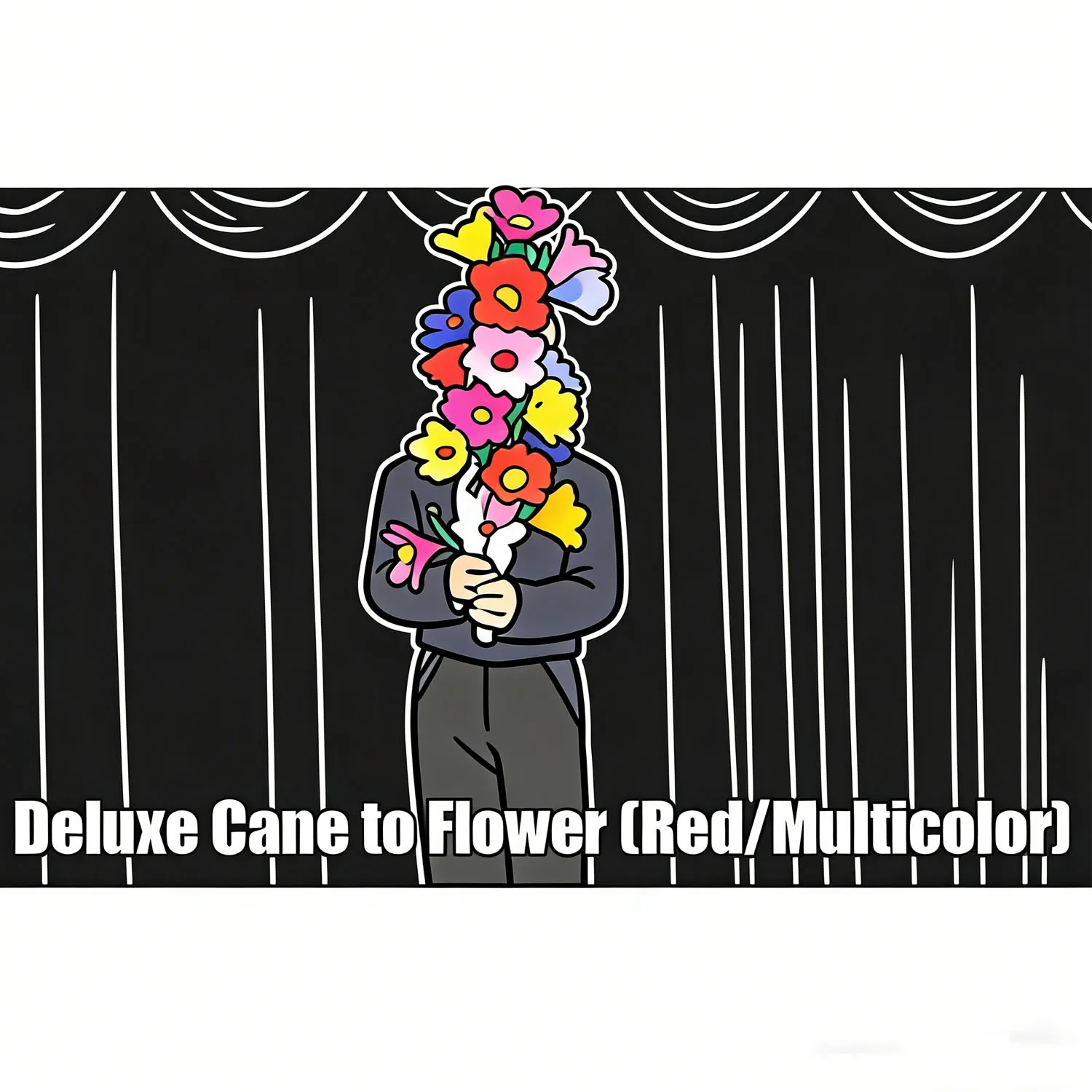 

Металлическая трость-трансформер Deluxe Cane to Flower (красная/разноцветная) для фокусов: исчезновение трости в букет, сценические иллюзии с цветами, трюки.