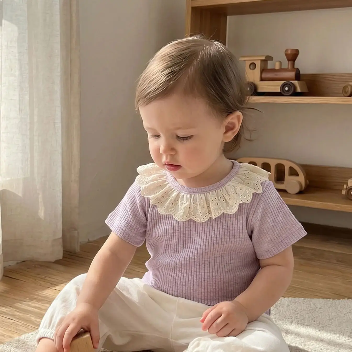 2026 Summer Casual Baby T-shirt Lace Ruffle Collar Short Sleeve Top for Girls Solid Color Cotton Infant Clothing