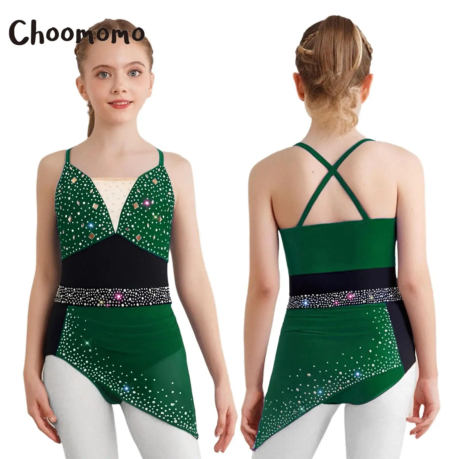 

Kids Girls Figure Skating Dress Lyrical Dance Performance Costume Spaghetti Straps Rhinestones Ruched Mesh Gymnastics Leotard
