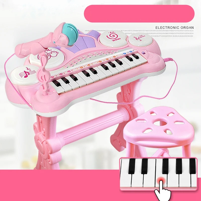 Pink 24 Keys Electronic Keyboard Piano Organ Toy Children Musical Instrument Kids Educational Toy Gift Suit