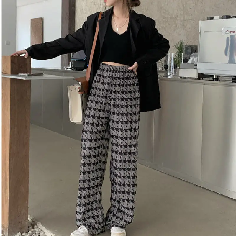 Femme Korean Plaid Loose Elastic Waist Straight Autumn Street Casual Pleated High Waist Wide Leg Women Clothes Fashion Pants