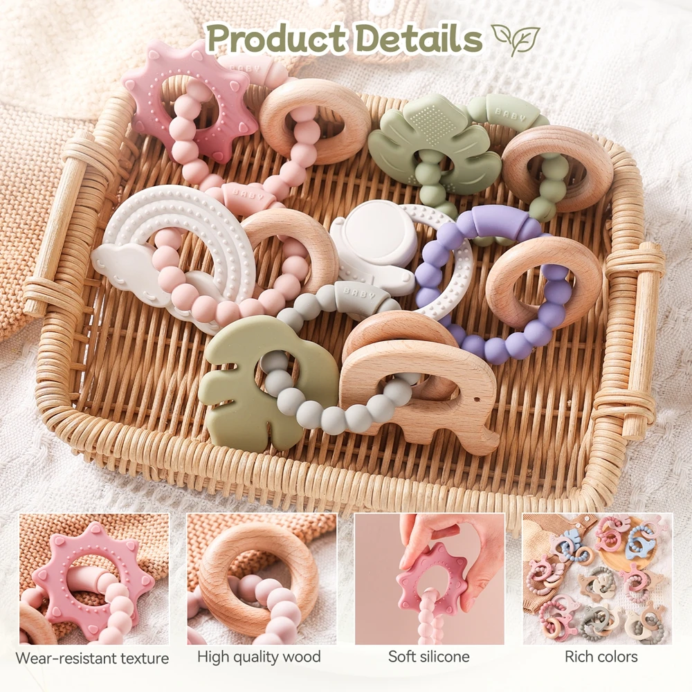 Teether bayi silikon, daun karangan bunga kayu mainan gigi, aksesoris bayi lahir, mainan bayi 6 12 bulan, tanpa BPA hadiah mainan balita