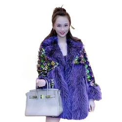 Winter Womens Faux Fur Coat Color Big Fur Collar Sequins Flurry Jacket Luxury Mid Long Plush Coat Fashion Purple Furry Overcoat