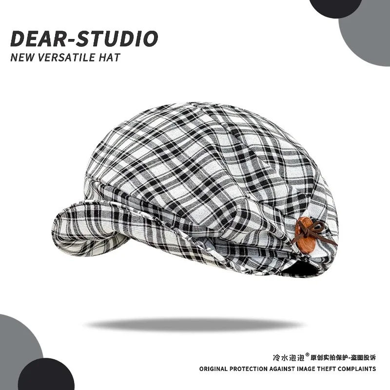 

Japanese Retro Plaid Button Design Beret Women's Summer Literary and Versatile Large Version Soft Brim Octagonal Newsboy Caps
