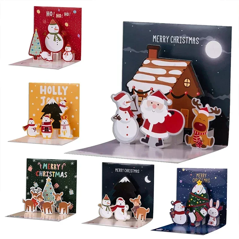 

Merry Christmas Cards 3D Pop-up Greeting Cards with Envelope Santa Claus Snowman Laser Cut Xmas Happy New Year Greeting Cards